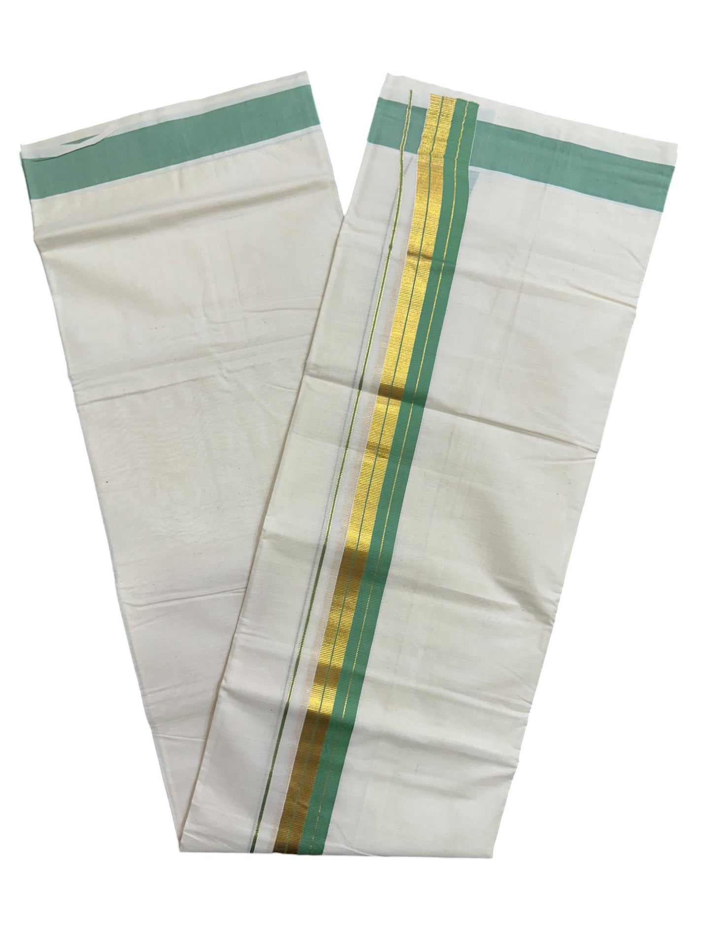 Kerala Pure Cotton Double Mundu with Green And Kasavu Border (South Indian Dhoti)