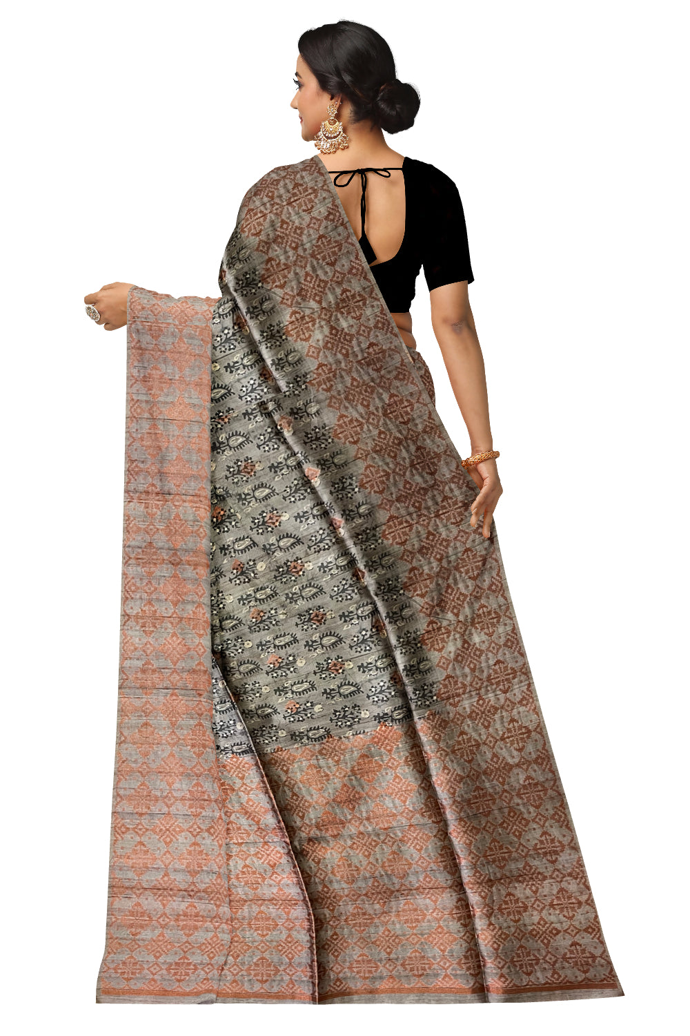 Southloom Semi Tussar Grey Floral Woven Designer Saree with Copper Border