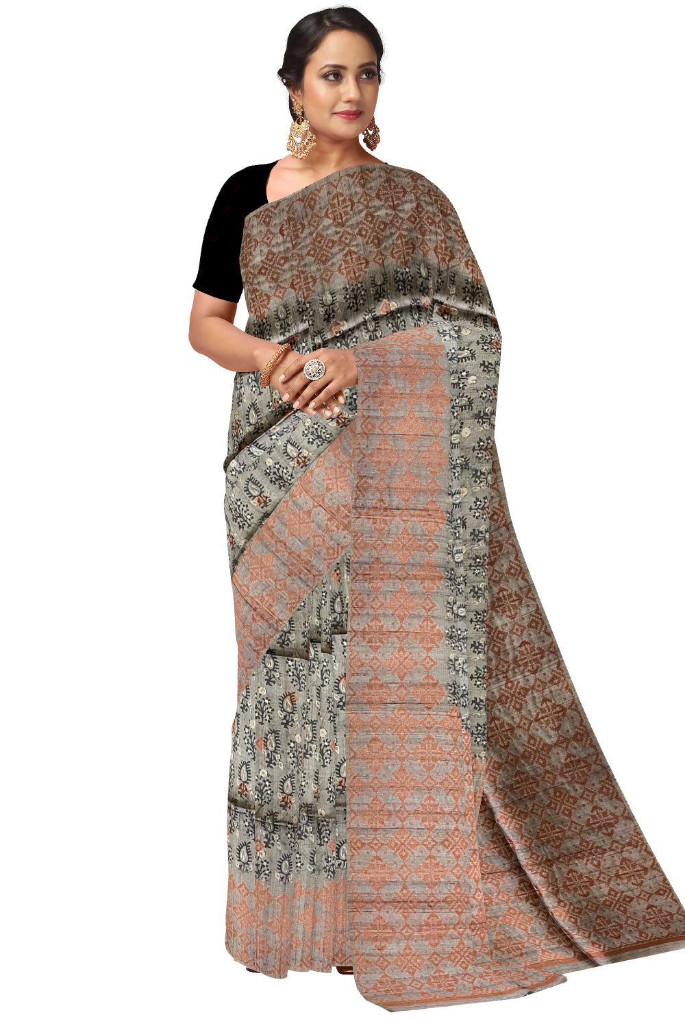 Southloom Semi Tussar Grey Floral Woven Designer Saree with Copper Border