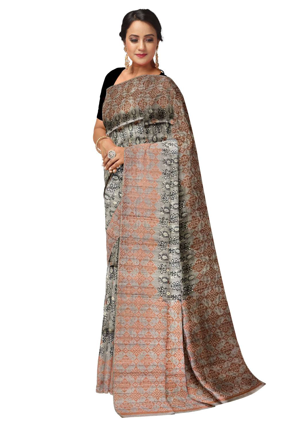 Southloom Semi Tussar Grey Floral Woven Designer Saree with Copper Border