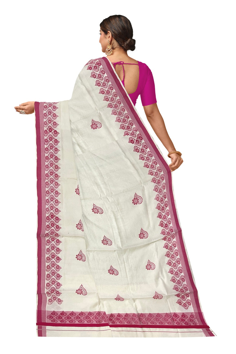 Pure Cotton Off White Kerala Saree with Bright Magenta Floral Block Printed Border