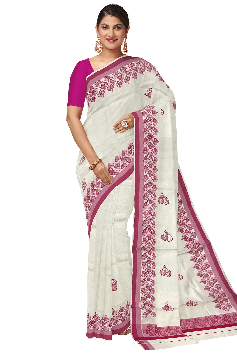 Pure Cotton Off White Kerala Saree with Bright Magenta Floral Block Printed Border