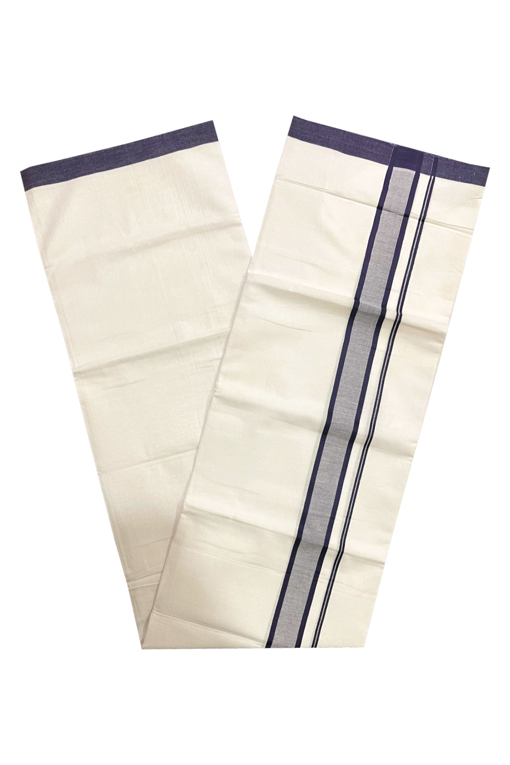 Pure White Cotton Single Mundu (Otta Mundu) with Navy Blue Border (South Indian Kerala Dhoti)