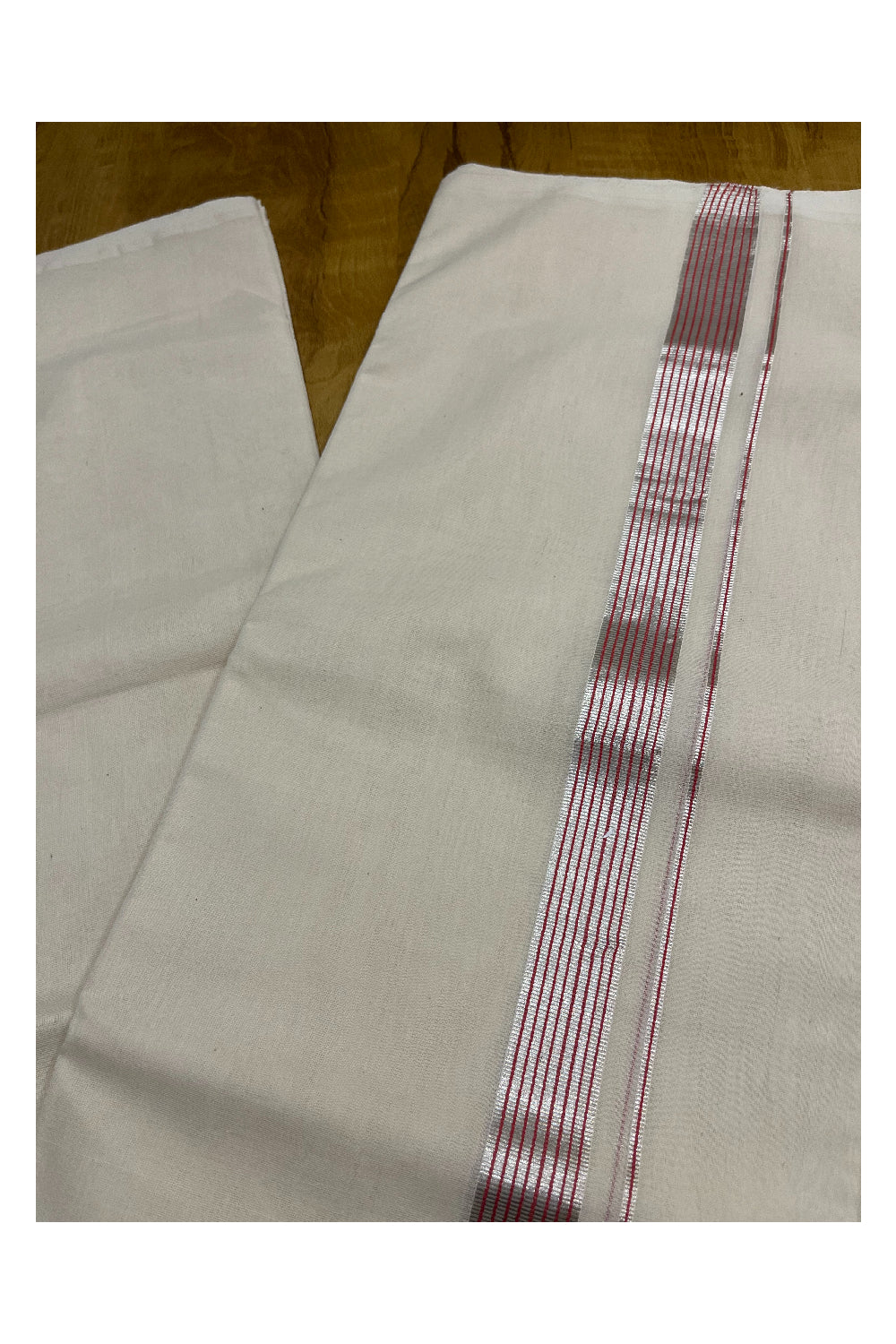 Premium Balaramapuram Handloom Unakkupaavu 1 inch Double Mundu with Silver Kasavu Lines and Pink Kara