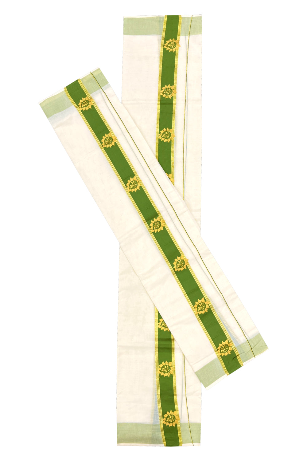 Cotton Single Set Mundu (Mundu Neriyathum) with Golden Block Prints on Green Border