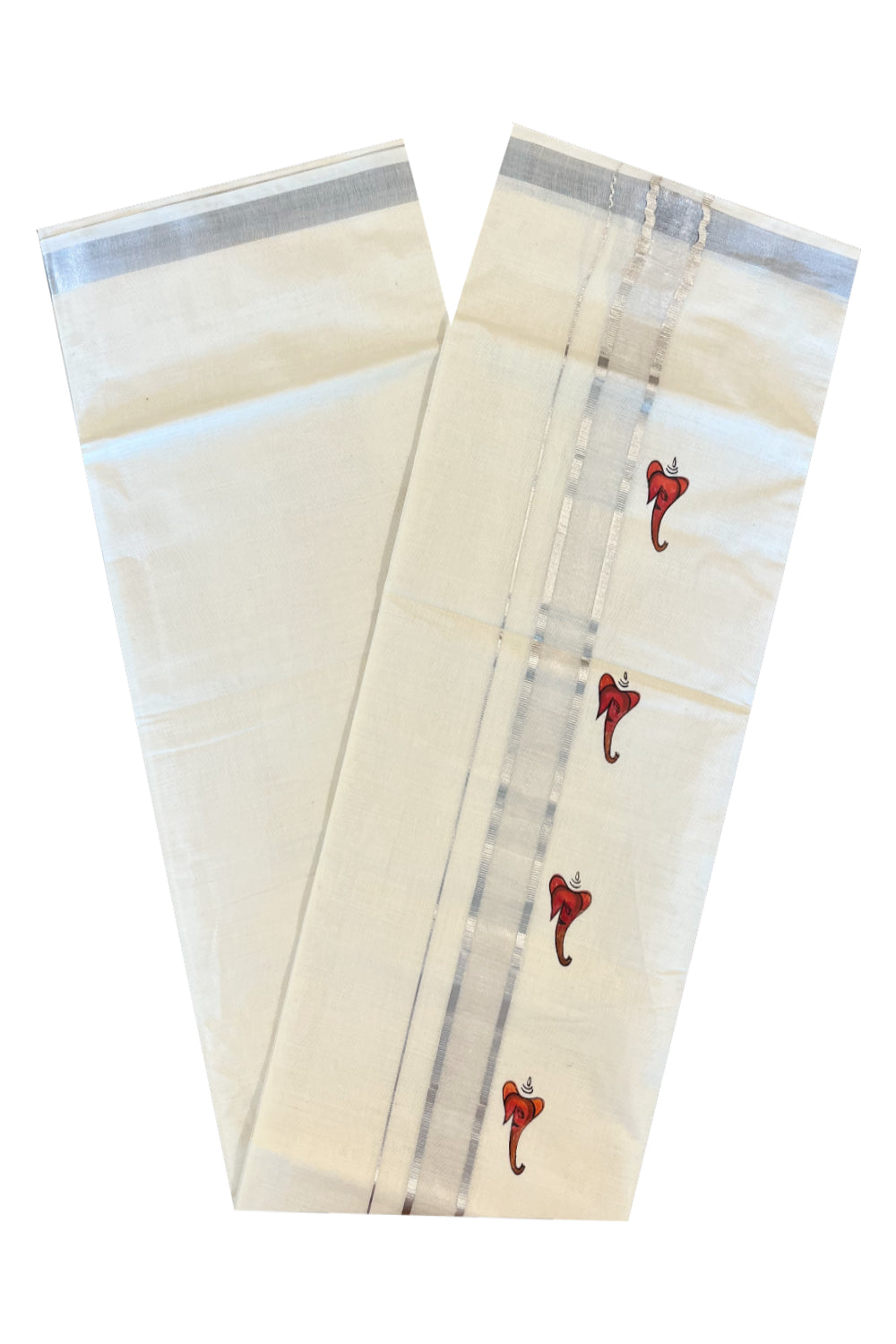 Kerala Pure Cotton Double Mundu with Mural Printed on Silver Kasavu Border