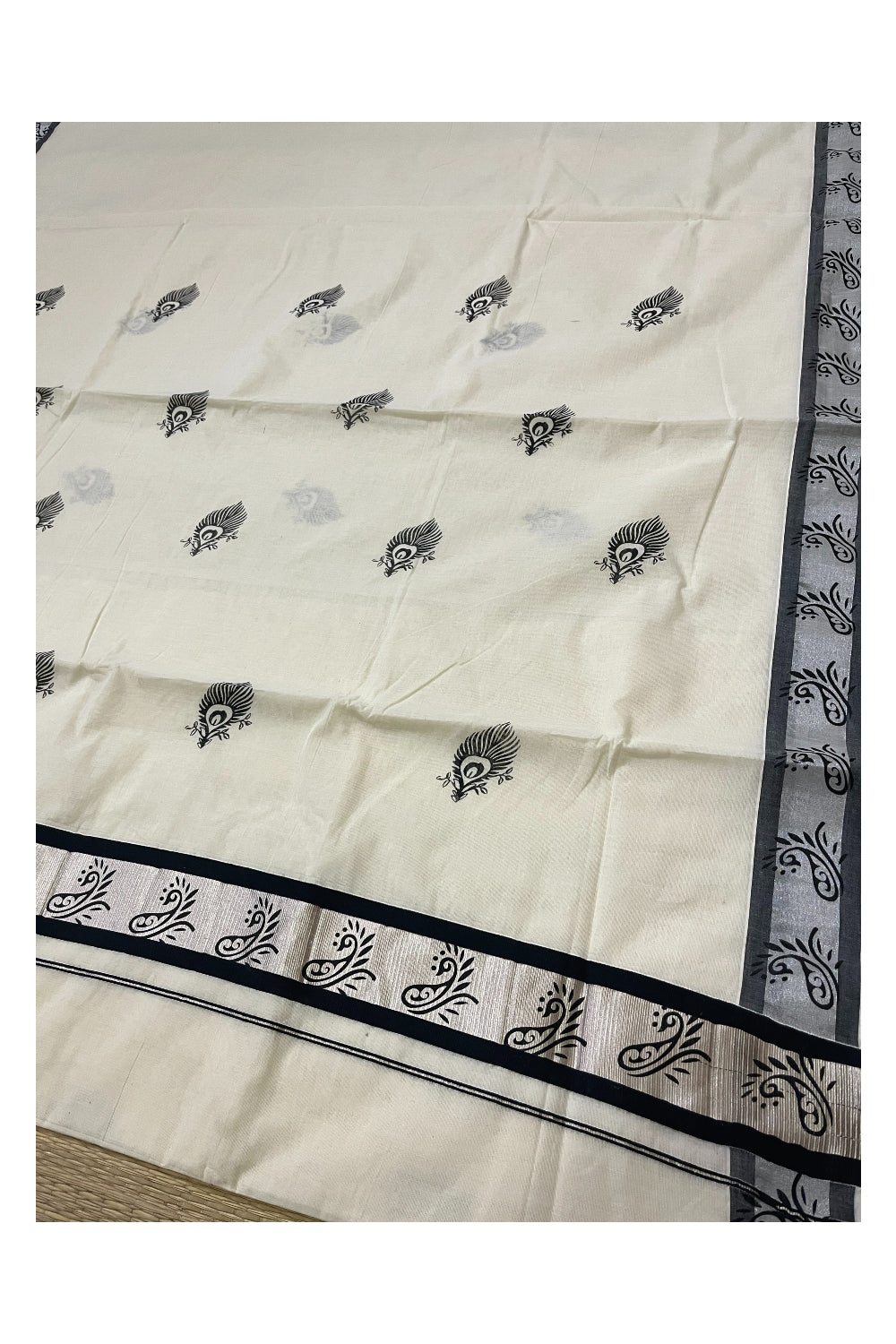 Pure Cotton Kerala Saree with Black Feather Block Prints and Silver Border