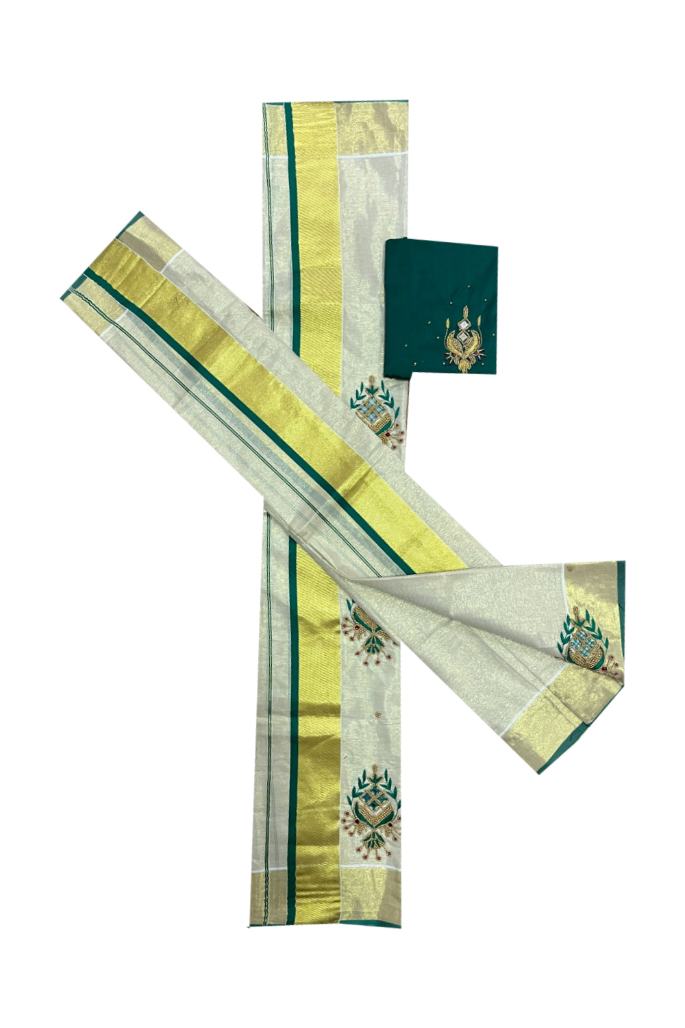 Kerala Tissue Kasavu Set Mundu (Mundum Neriyathum) with Bead Handwork Design and Green Blouse Piece