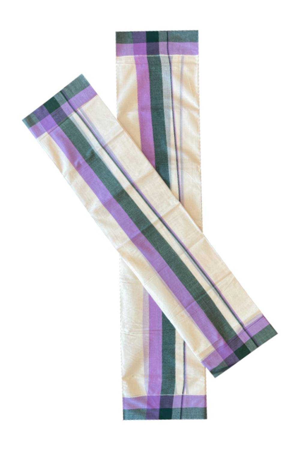 Cotton Mulloth Mundum Neriyathum Double (Set Mundu) with Dark Green and Violet Border