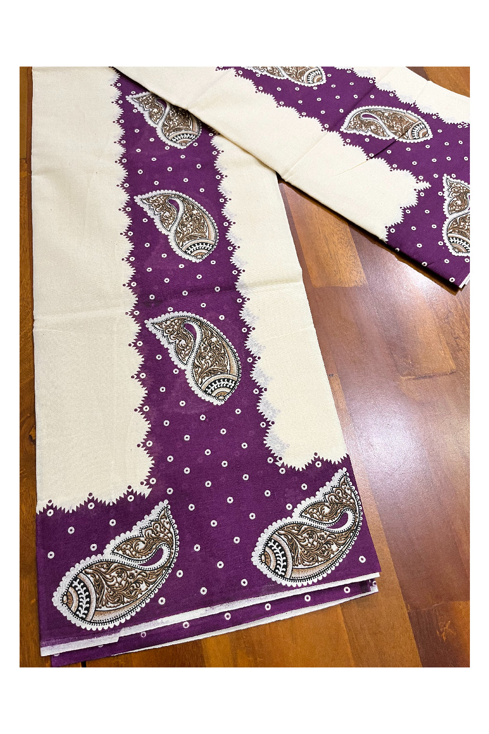 Kerala Cotton Set Mundu (Mundum Neriyathum) with Violet Block Prints and Seperate Blouse Piece