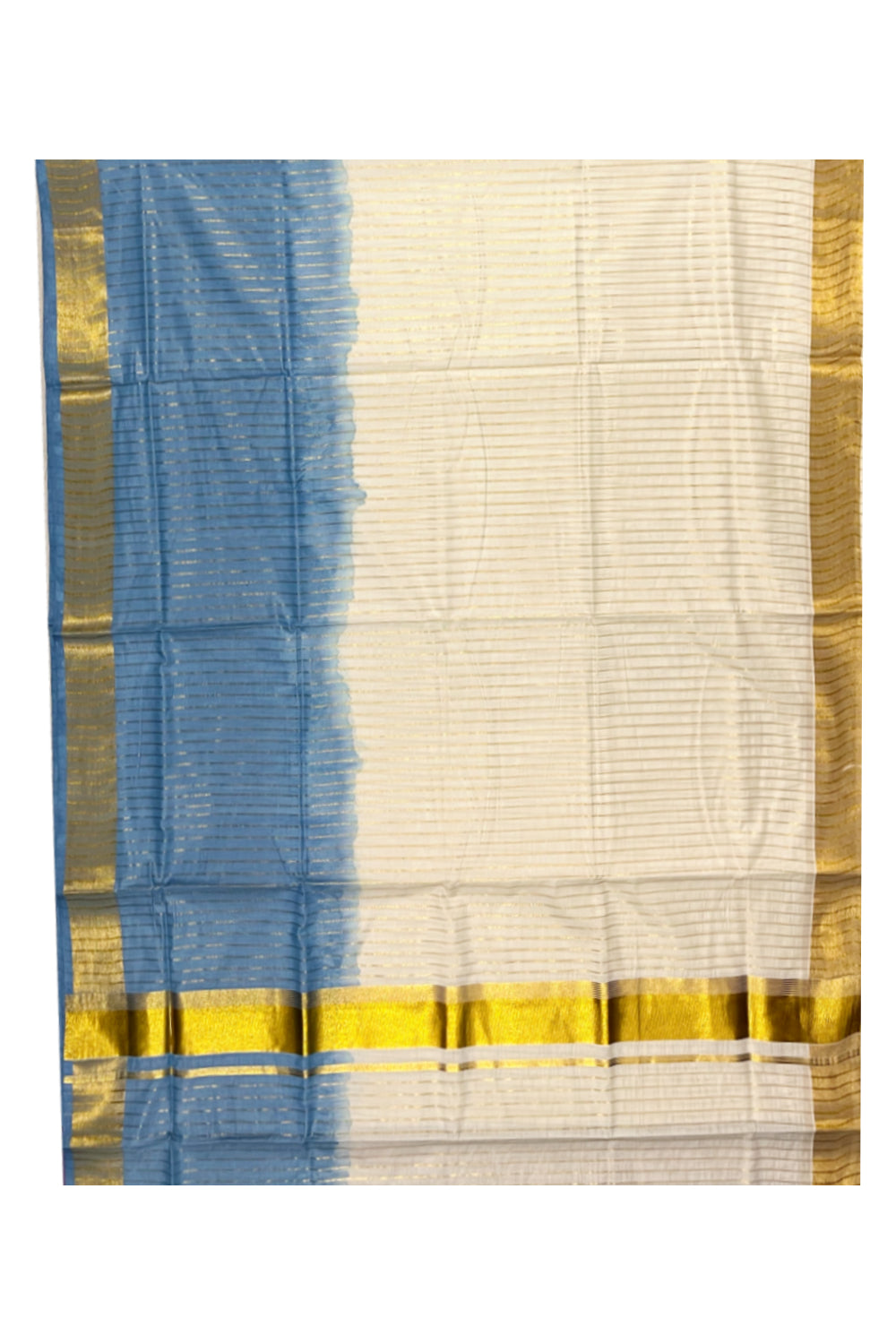 Southloom Cotton Tie & Dye - Half & Half Blue Design Saree with Kasavu Lines Across Body