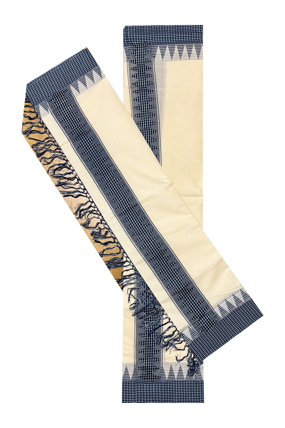 Kerala Cotton Single Set Mundu (Mundum Neriyathum) with Blue and White Temple Applique Work Border 2.80Mtrs