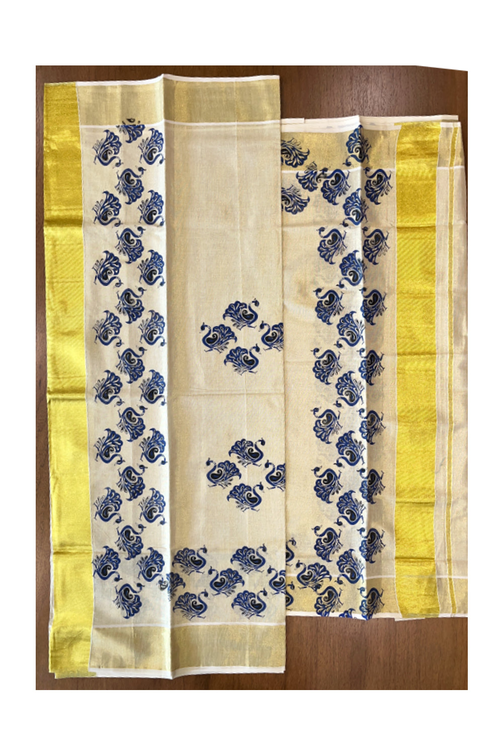 Kerala Tissue Set Mundu (Mundum Neriyathum) with Blue Peacock Block Prints and Kasavu Border 2.80 Mtrs