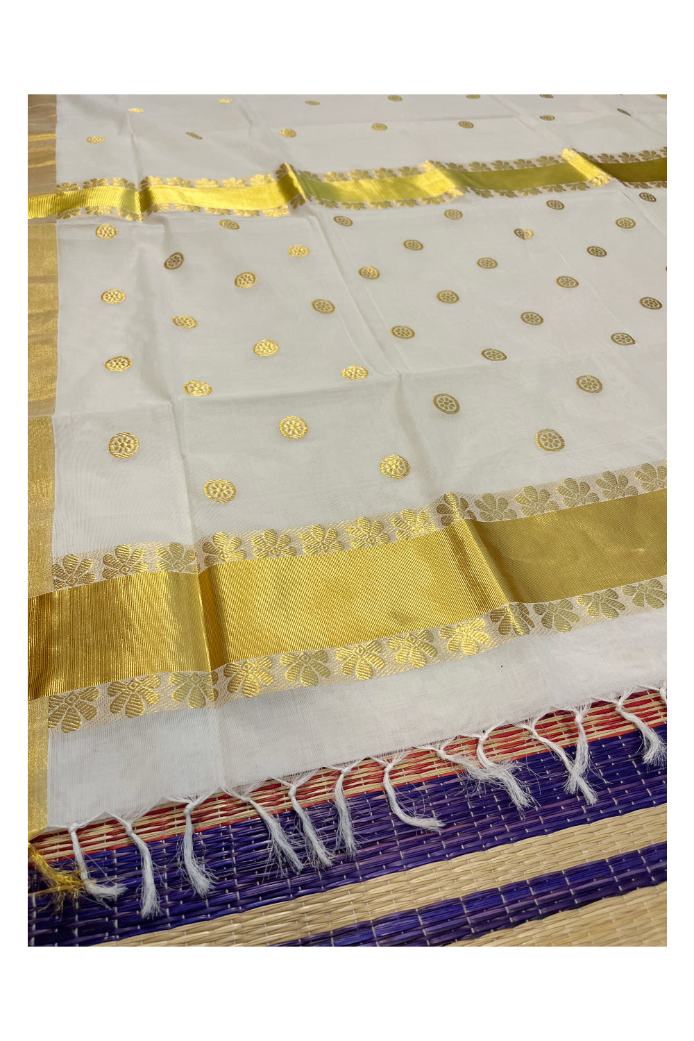 Southloom™ Premium Handloom Cotton Kasavu Saree with Handwoven Work On Border