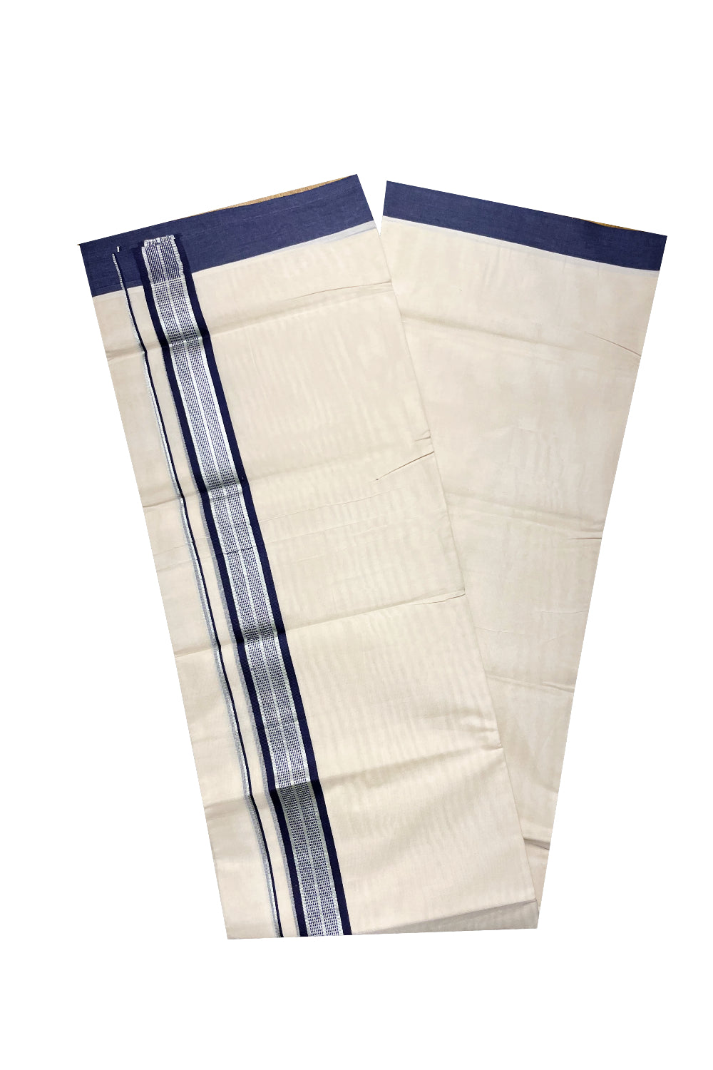 Pure Cotton Off White Double Mundu with Silver Kasavu and Blue Border (South Indian Kerala Dhoti)