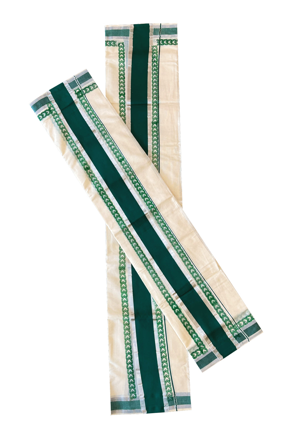 Mundum Neriyathum Single (Set Mundu) with Block Prints on Silver Kasavu and Green Border 2.80 Mtrs