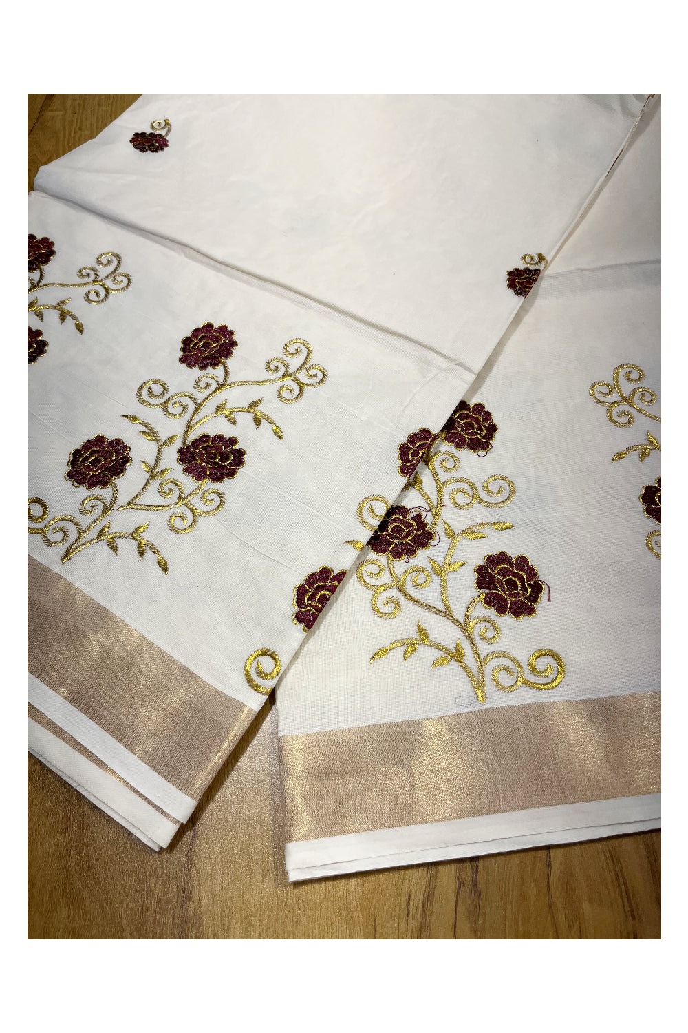 Southloom Kerala Kasavu Saree with Dark Brown and Gold Floral Embroidery