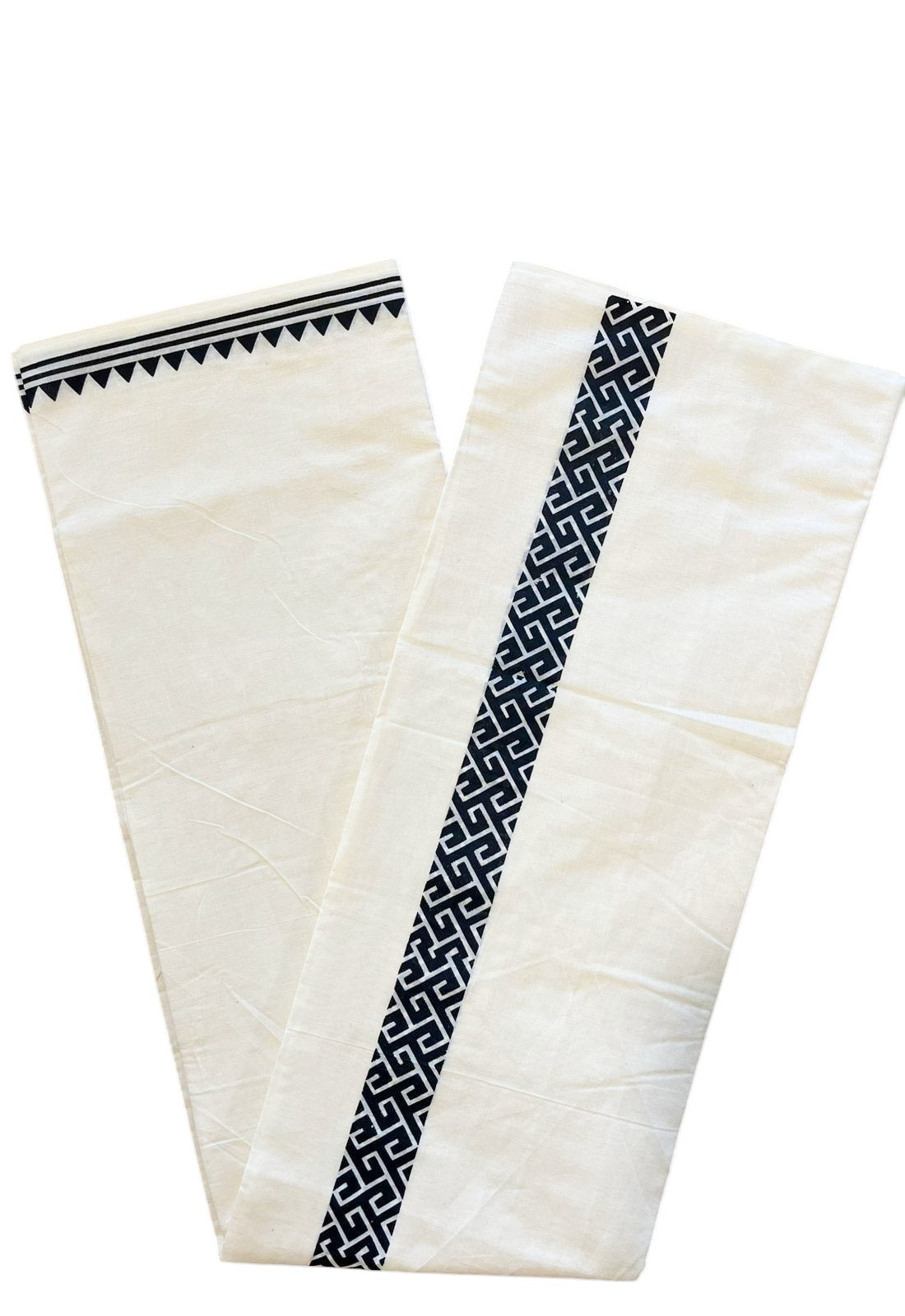 Pure Cotton Off White Double Mundu with Black Block Prints On Border (South Indian Kerala Dhoti)