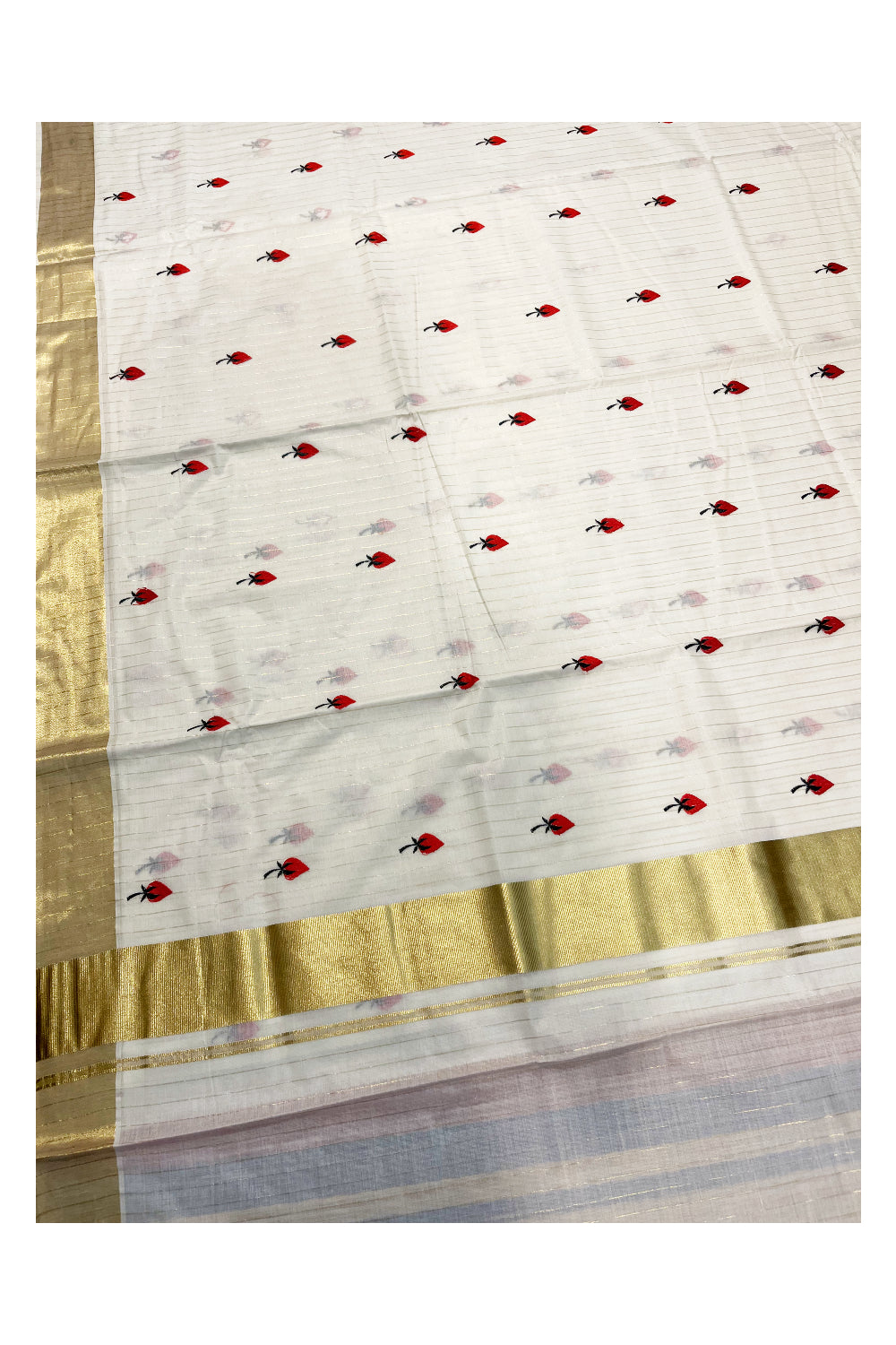 Kerala Cotton Kasavu Lines Saree with Red Floral Embroidery Works On Body