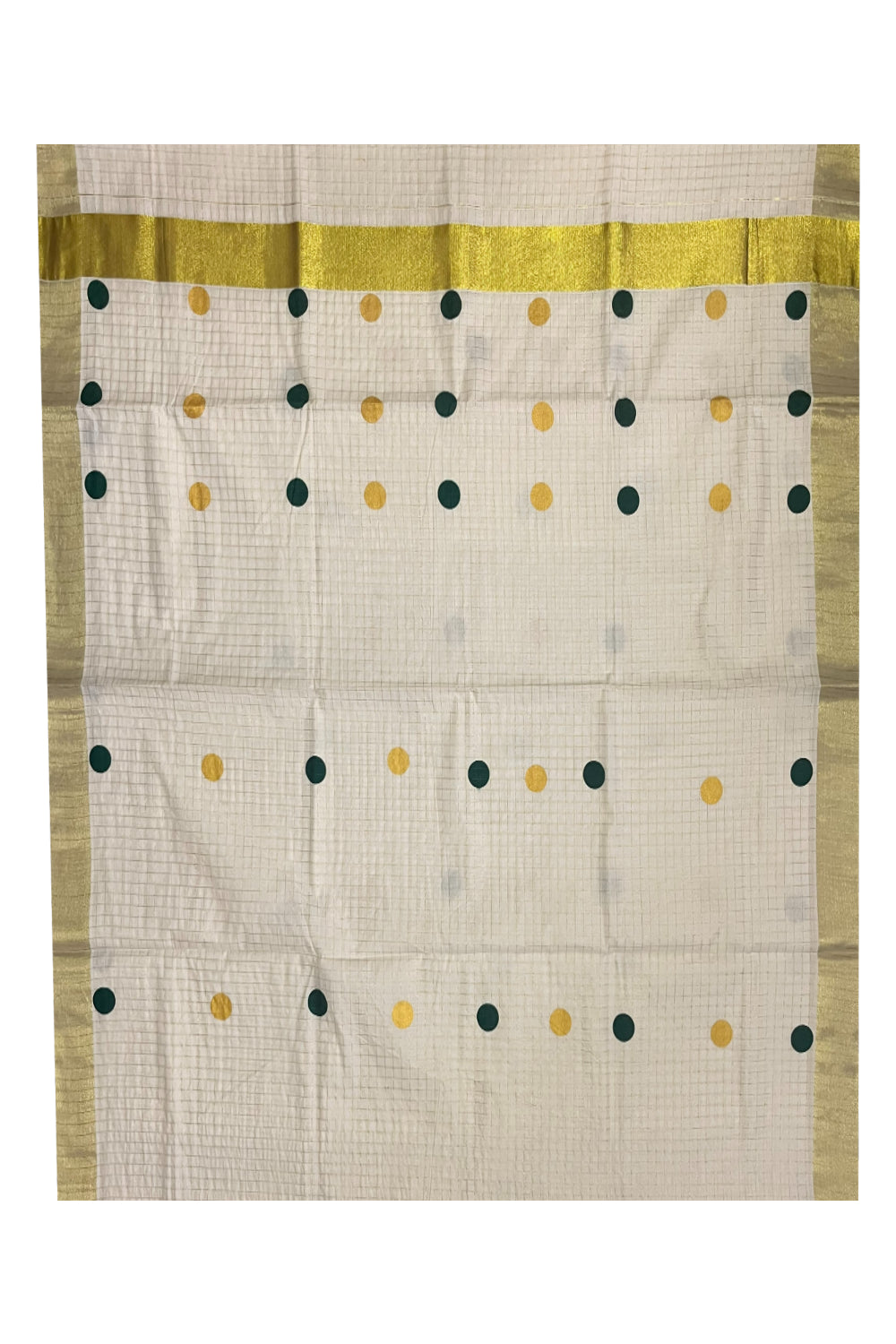 Southloom Micro Check Kasavu Saree with Green and Golden Polka Dot Prints Across Body