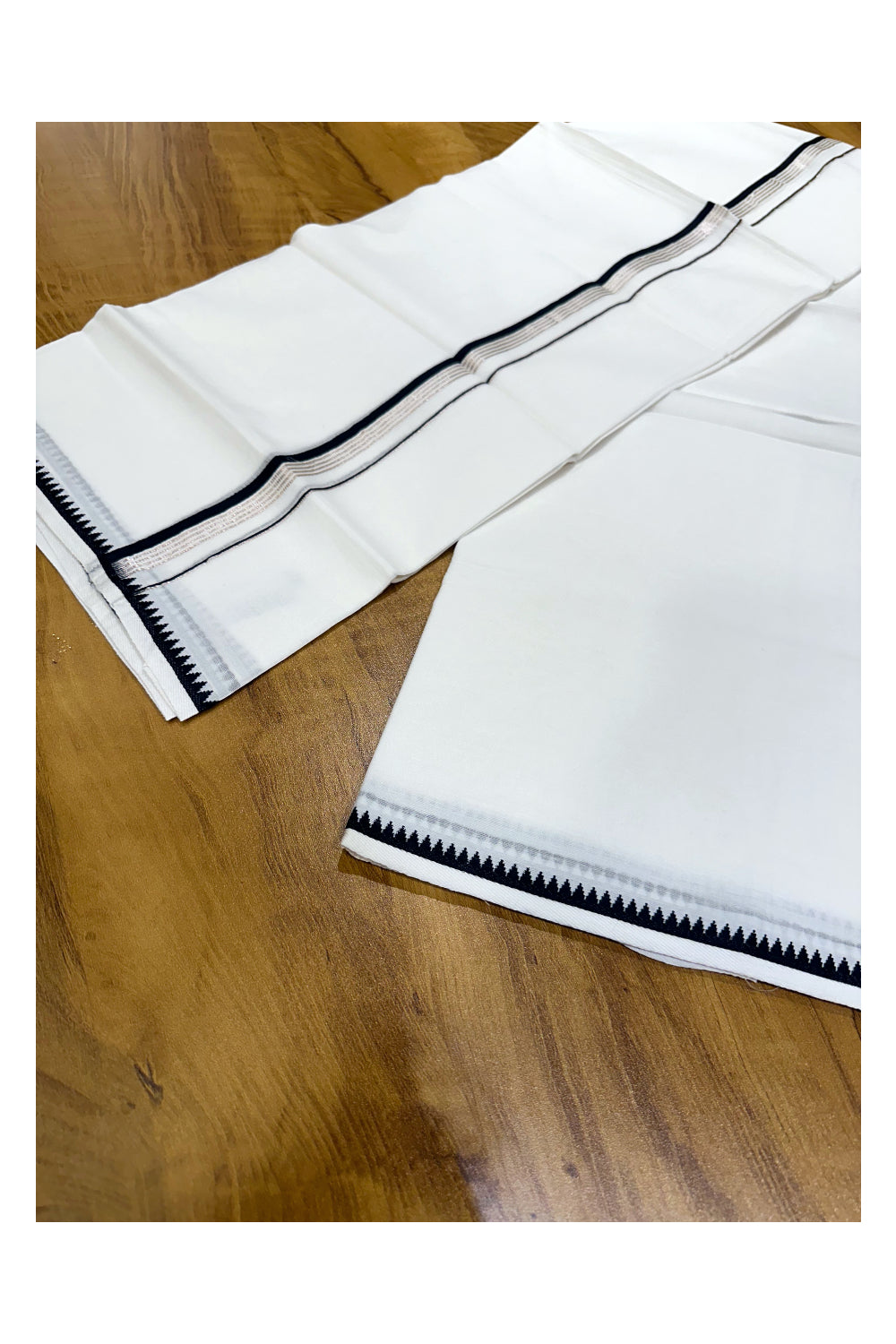 Pure White Cotton Double Mundu with Silver Kasavu and Black Border (South Indian Kerala Dhoti)