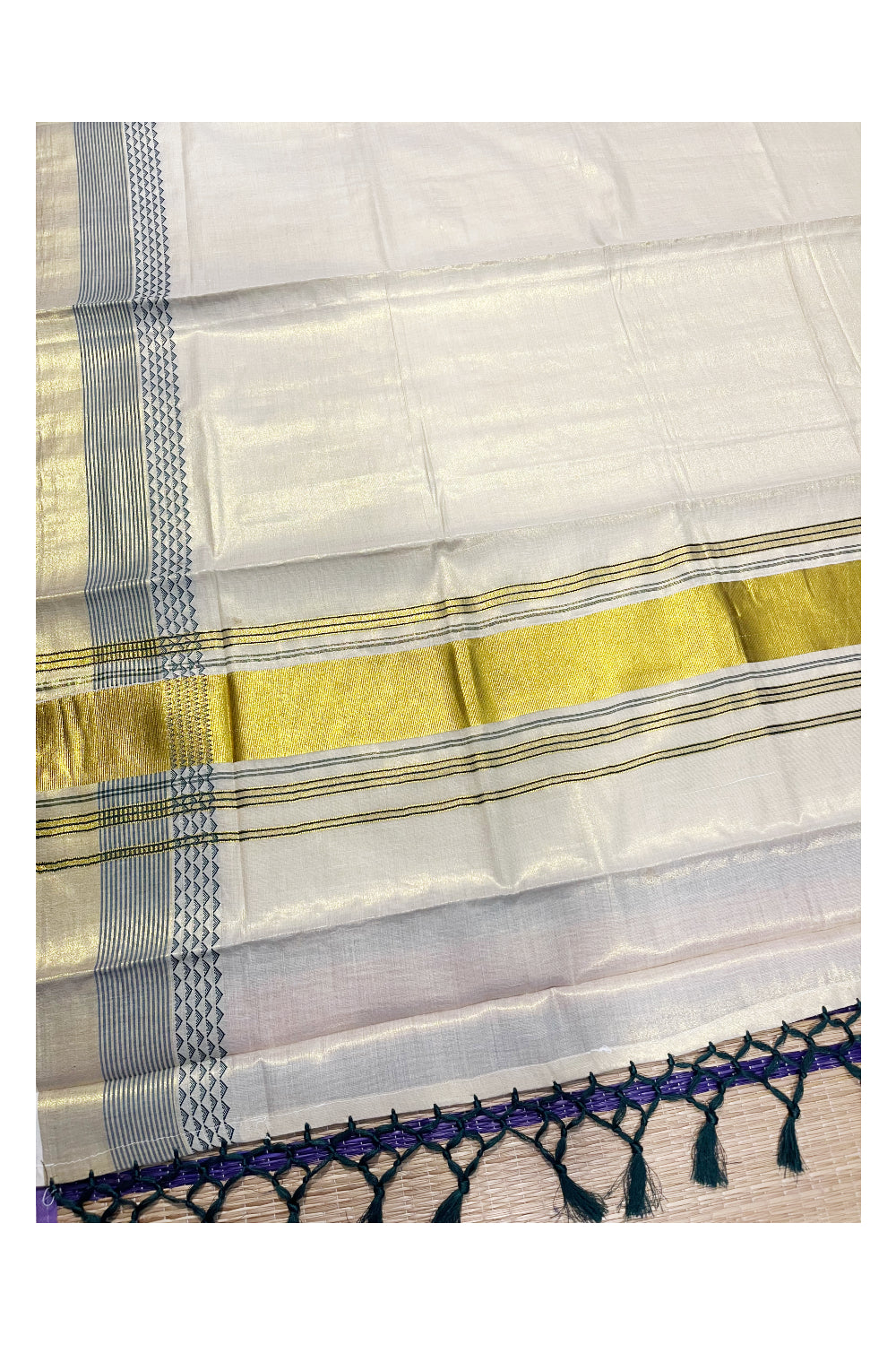 Kerala Tissue Kasavu Saree with Green Designs On Border