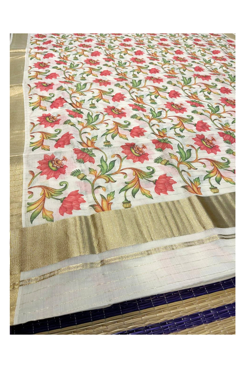 Kerala Cotton Kasavu Lines Saree with Pink Floral Kalamkari Design