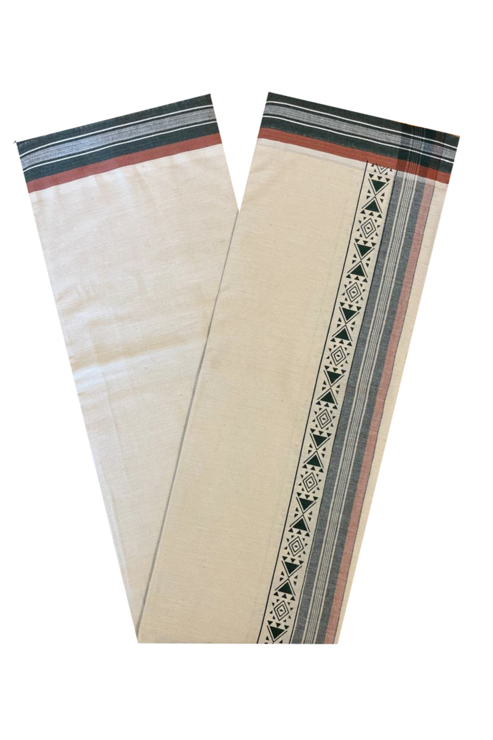 Southloom Off White And Green Brown Printed Single Mundu / Otta Mundu / Lungi (South Indian Kerala Dhoti)