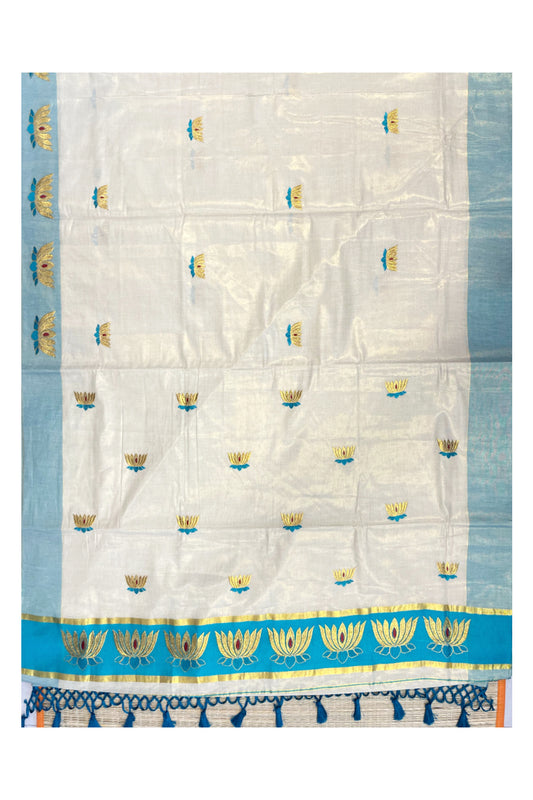 Southloom Kerala Tissue Kasavu Saree with Turquoise And Golden Lotus Embroidary Works on Body