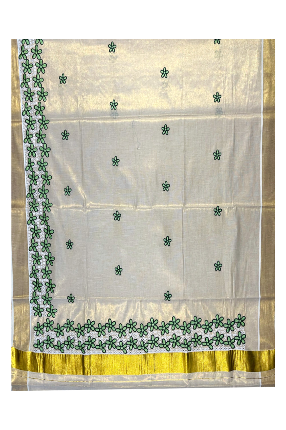 Kerala Tissue Kasavu Saree with Green Floral Embroidery Works