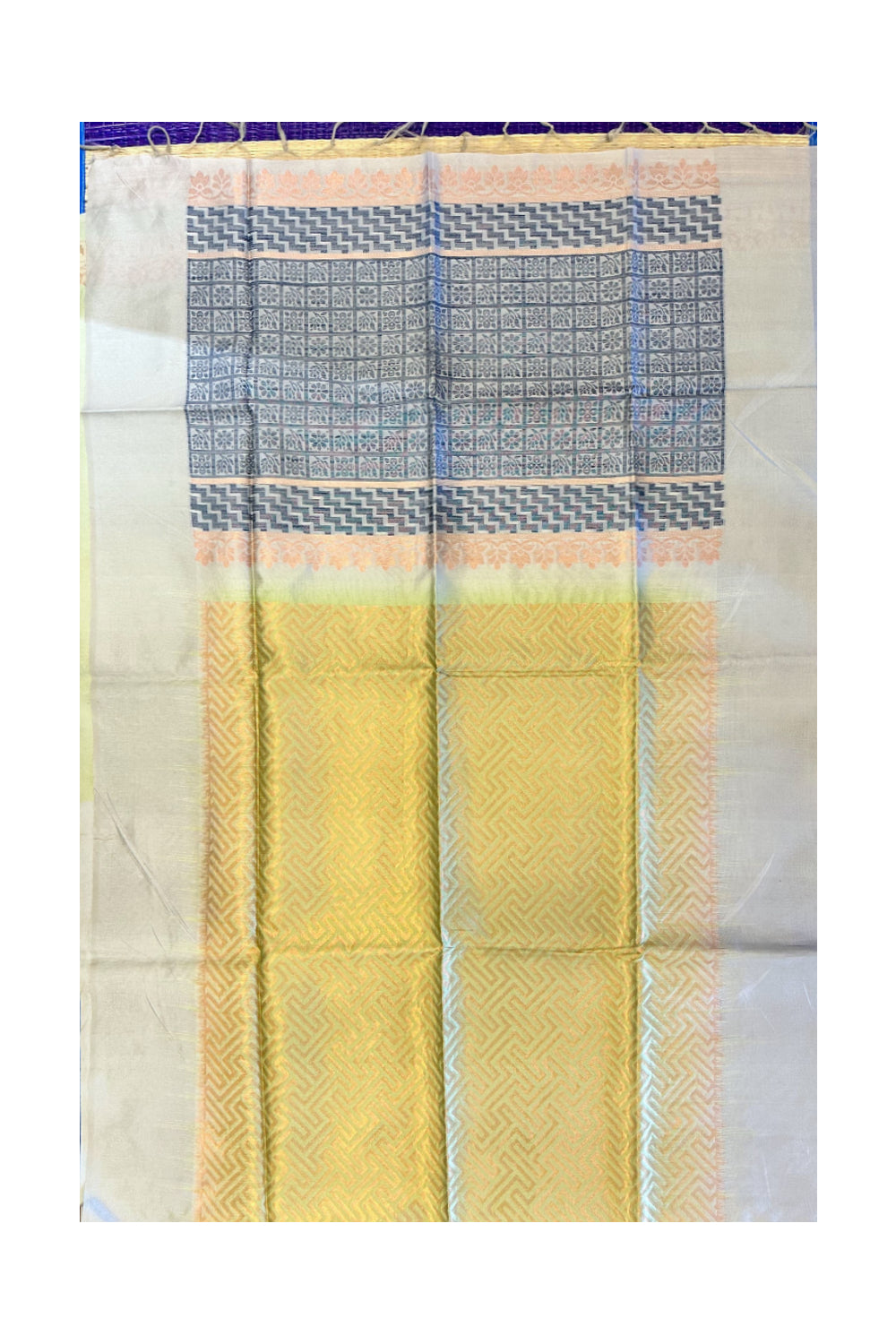 Southloom Semi Tussar Yellow Woven Saree with Grey Border