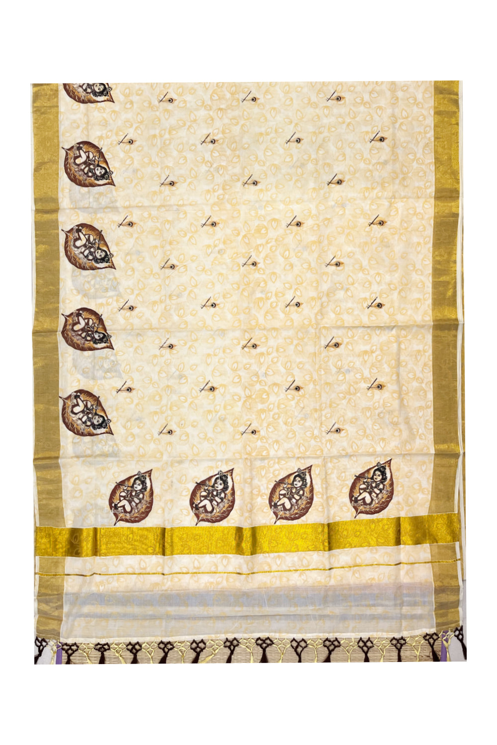 Pure Cotton Kerala Saree with Krishna Mural Prints and Kasavu Border