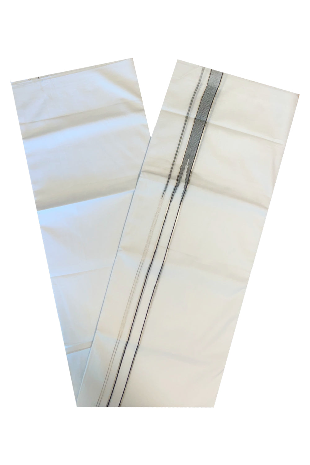 Pure White Cotton Double Mundu with Silver Black Chutti Kara (South Indian Kerala Dhoti)