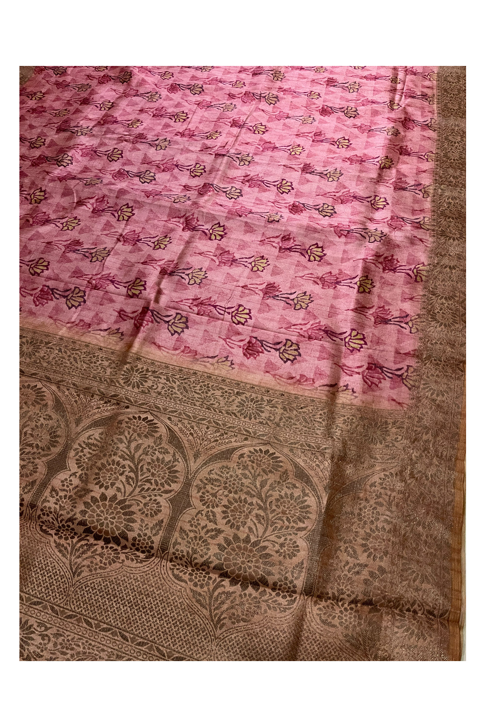 Southloom Semi Silk Pink Designer Printed Saree with Zari Woven Border