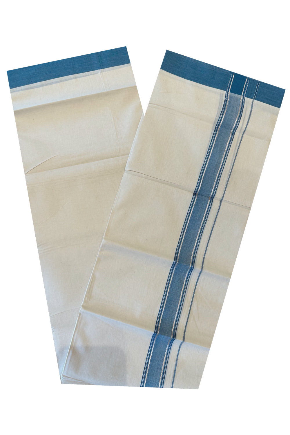 Kerala Pure Cotton Double Mundu with Blue and Silver Kasavu Border (Onam Mundu 2023)