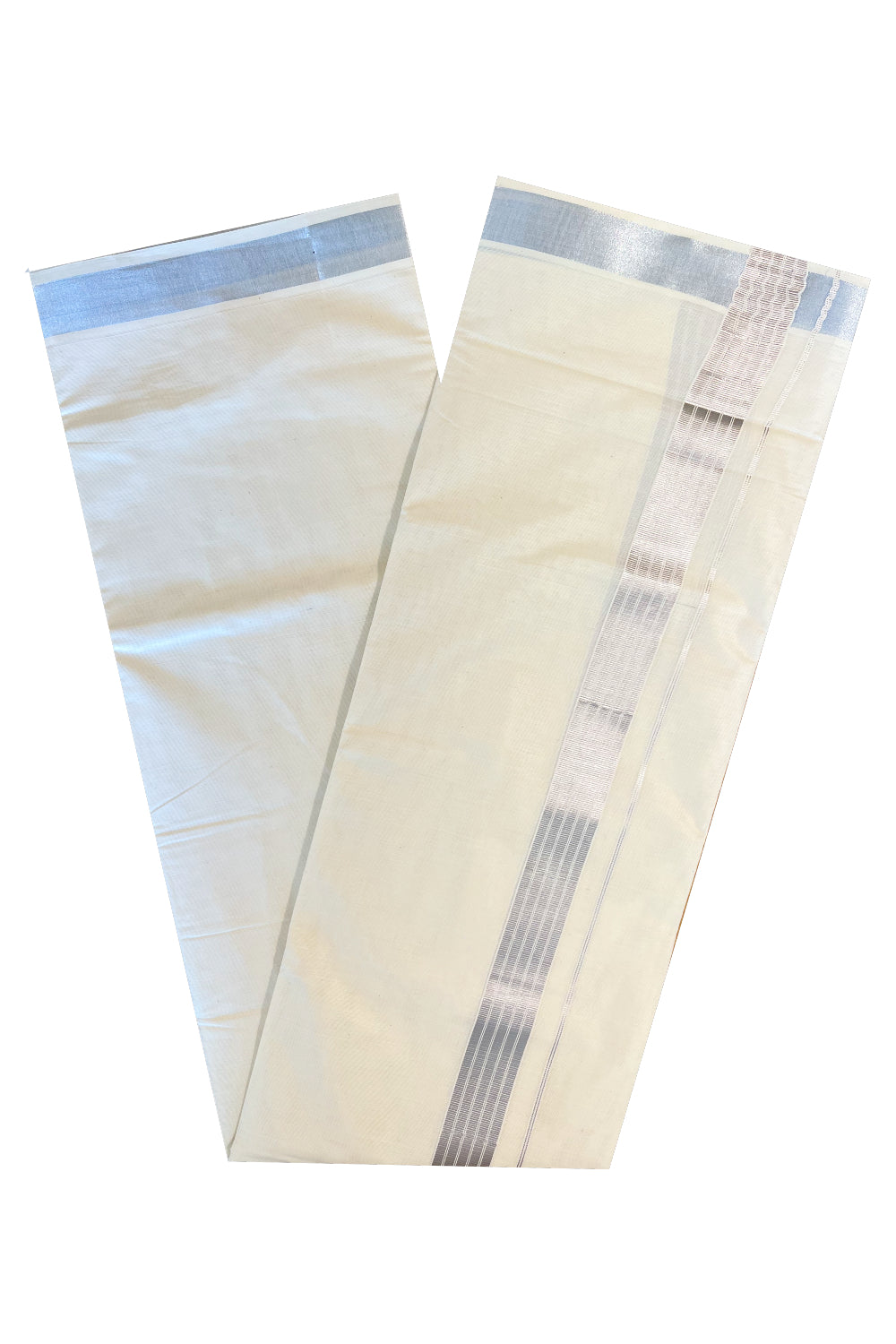 Off White Kerala Cotton Double Mundu with Silver Kasavu Lines Border (South Indian Dhoti)