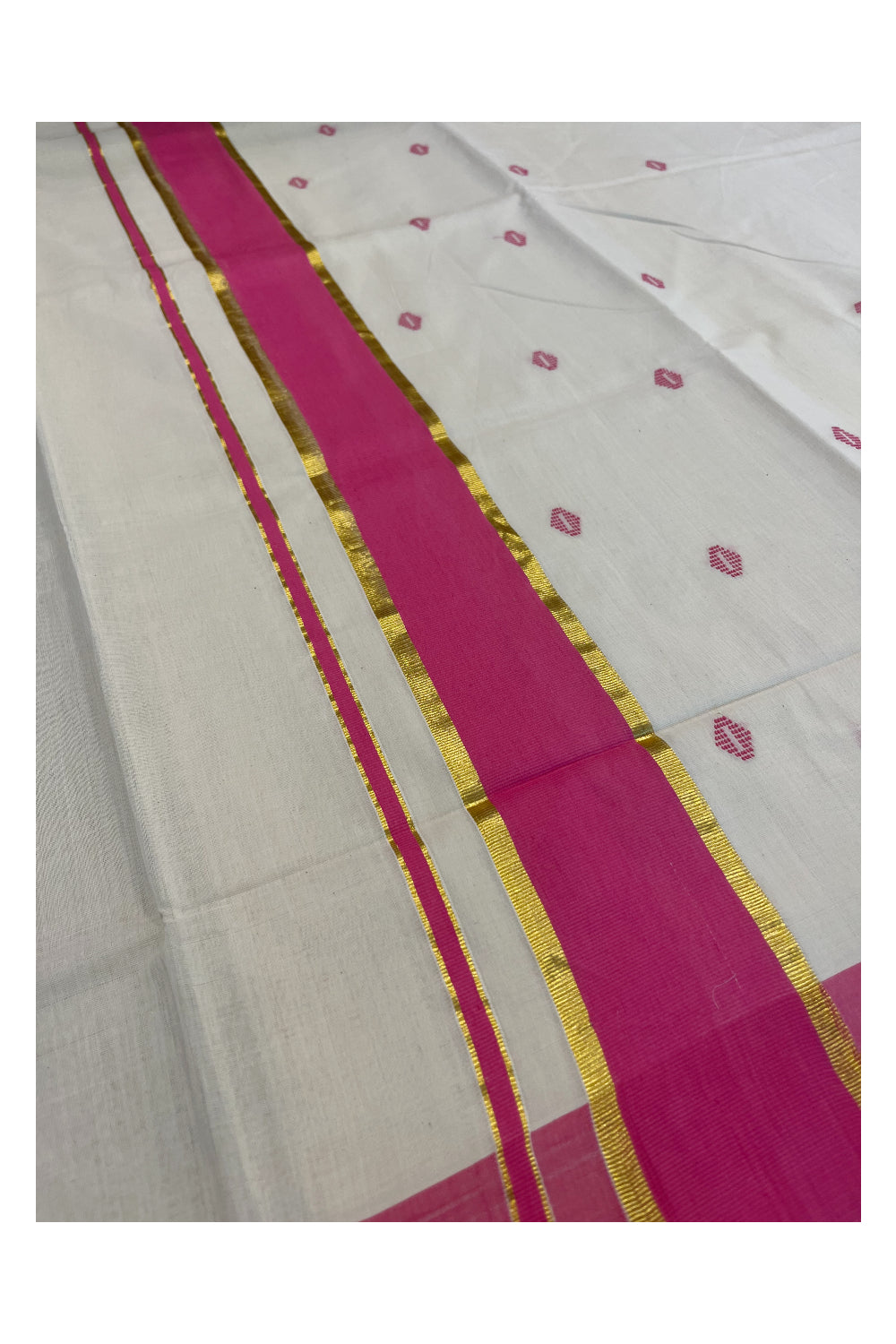 Southloom Premium Balaramapuram Unakkupaavu Handloom Cotton Butta Saree with Pink and Kasavu Border