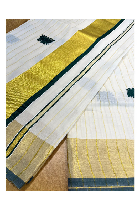 Kerala Cotton Kasavu Lines Saree with Green And Golden Lotus Embroidery Works