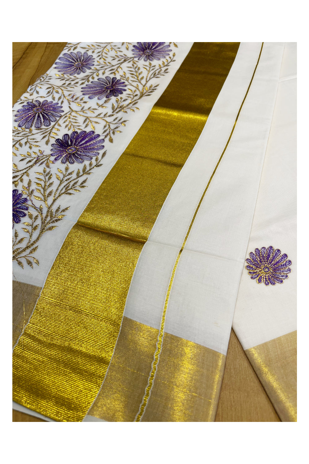 Kerala Cotton Kasavu Saree with Golden and Violet Floral Embroidery Work