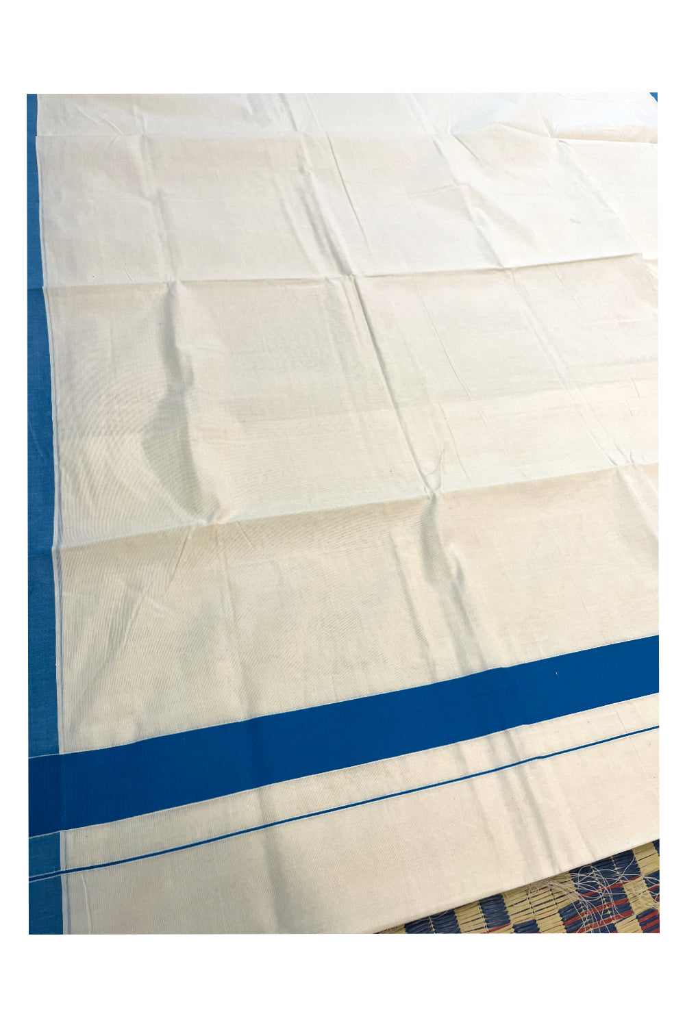 Pure Cotton Kerala Plain Saree with Blue 2x2 Border