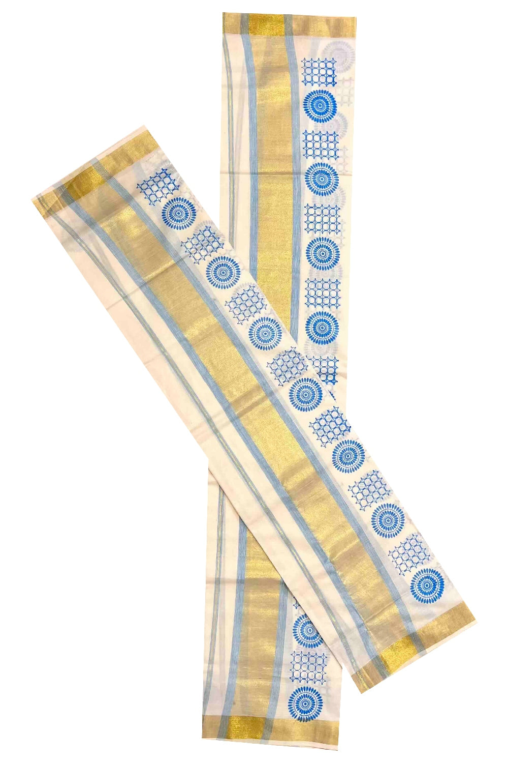 Kerala Cotton Single Set Mundu (Mundum Neriyathum) with Blue Block Prints with Kasavu Border  - 2.80Mtrs