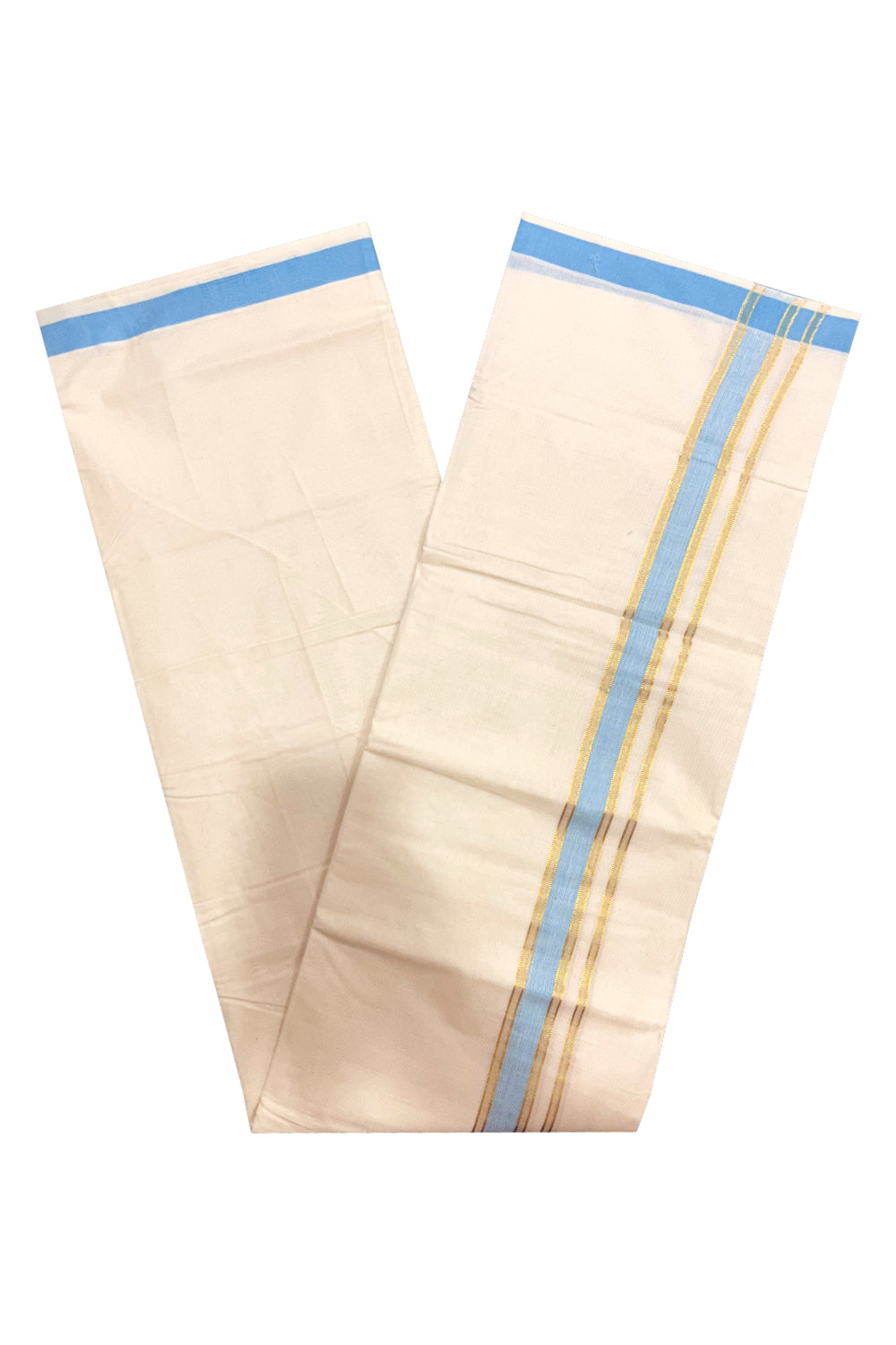 Kerala Cotton Double Mundu with Blue and Kasavu Border (Onam Mundu 2023)