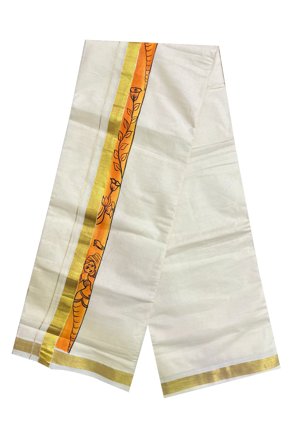 Kerala Pure Cotton Double Mundu with Hand Painted Designs on Kasavu Border(South Indian Kerala Dhoti)