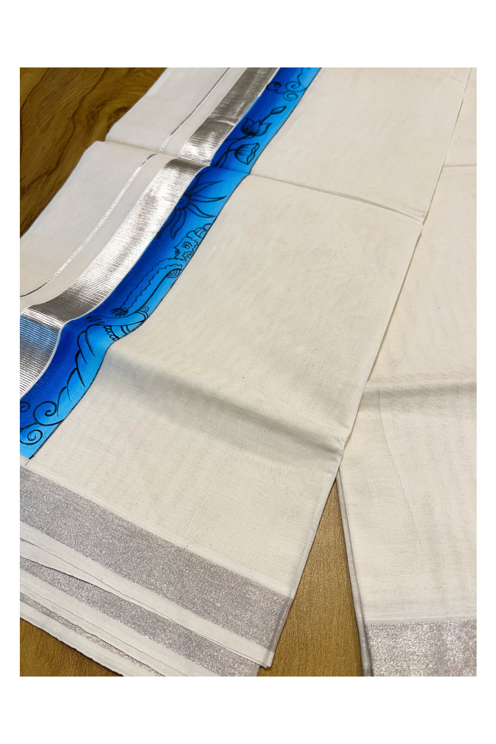 Kerala Pure Cotton Double Mundu with Mural Hand Painted Design on Silver Kasavu Border