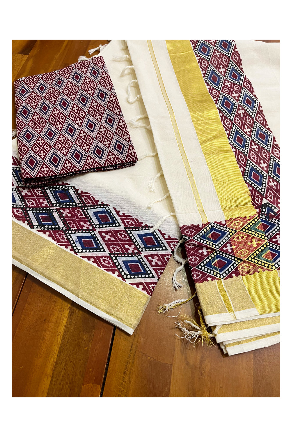 Kerala Pure Cotton Kasavu Saree with Ajrakh Stitched Borders and Matching Blouse Piece