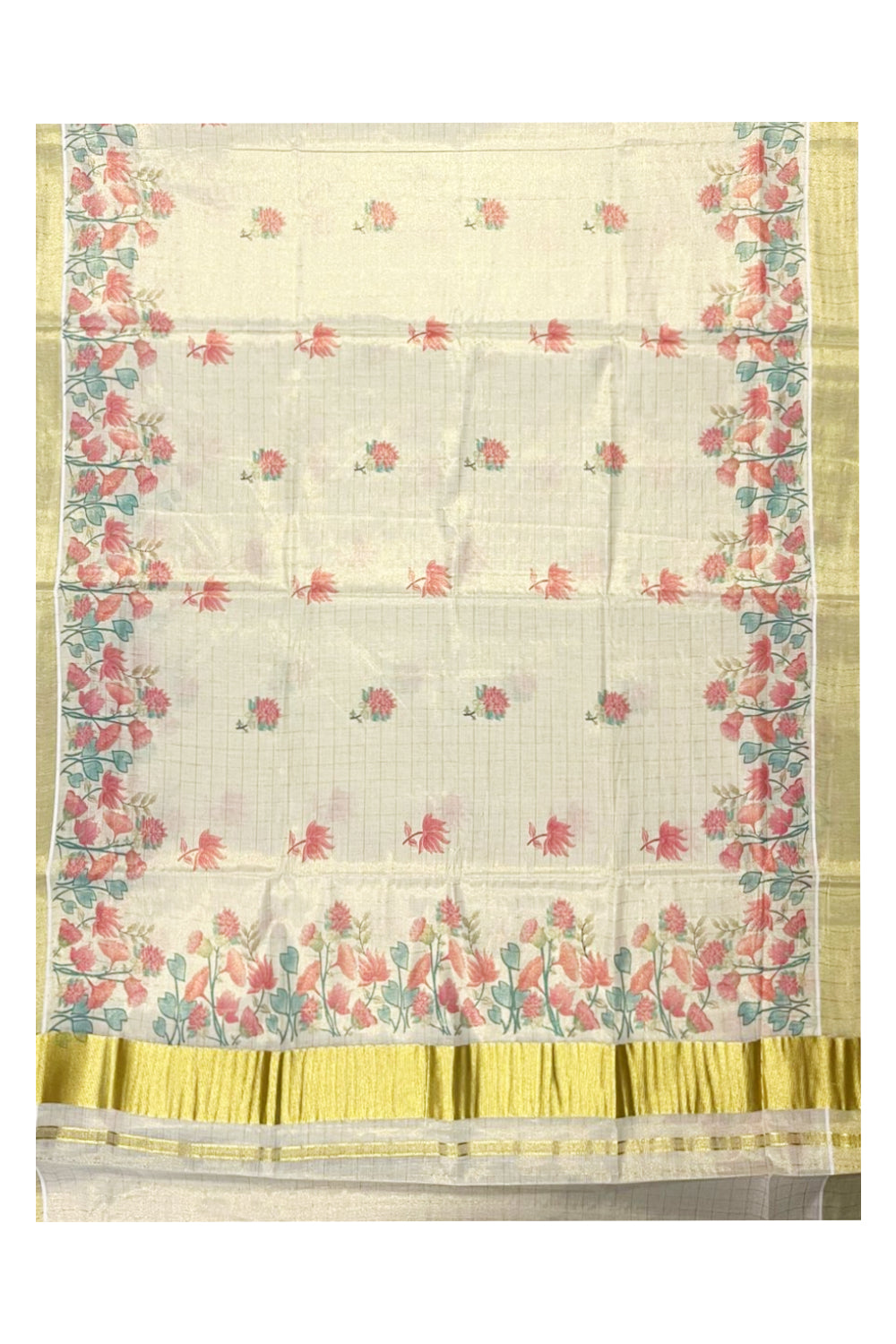 Kerala Tissue Kasavu Check Saree with  Floral Designs On Body