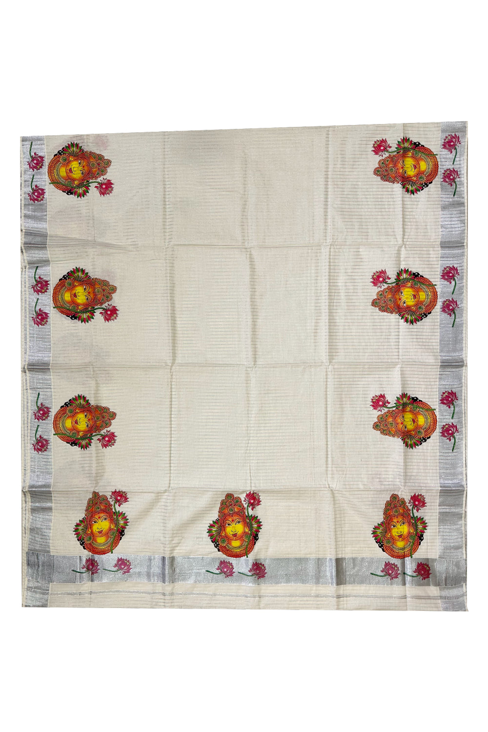 Pure Cotton Kerala Saree with Silver Lines and Krishna Face Mural Prints on Body (Onam Saree 2023)