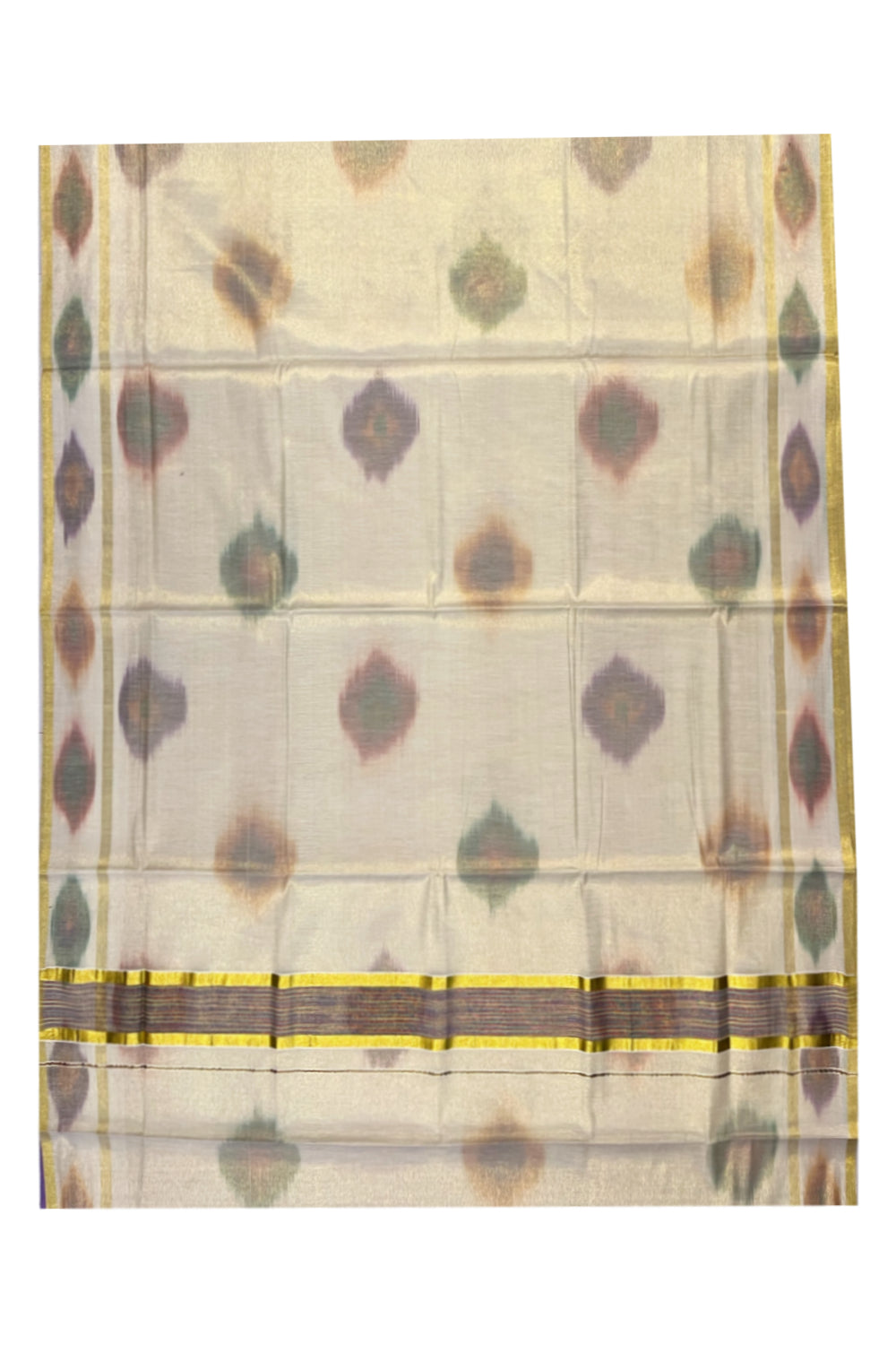 Southloom Kerala Tissue Kasavu Saree with Multi Colour Pochampally Design on Borders and Kara