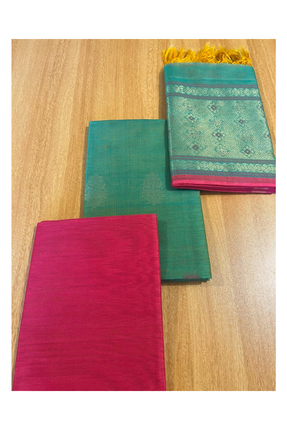 Southloom™ Original Handloom Cotton Pure Silk 3 Piece Green and Pink Salwar Material with Woven Zari Butta Work