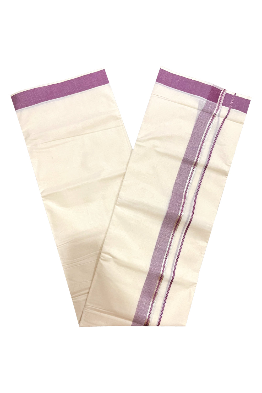 Kerala Cotton Double Mundu with Purple and Silver Kasavu Border (Onam Mundu 2023)